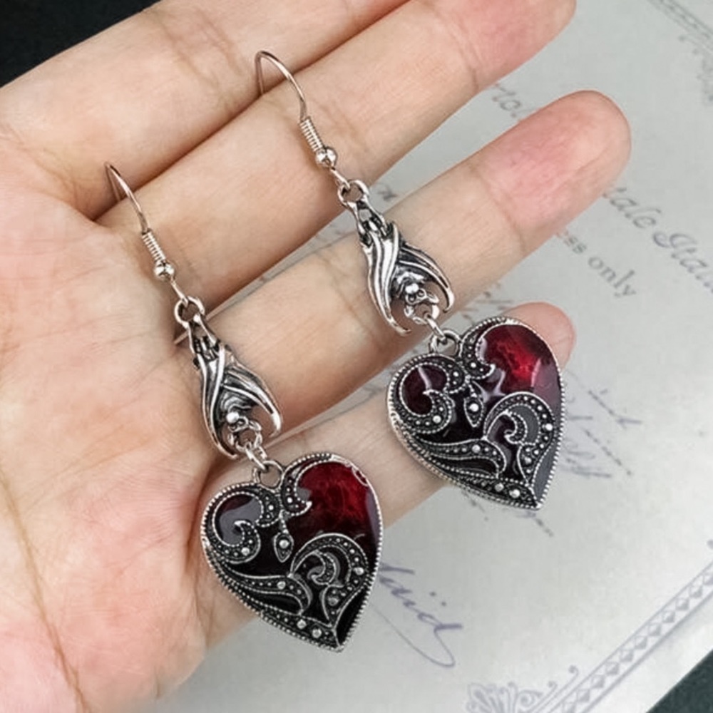 Antiqued Silver/Red Lacquer Heart Drop Earrings - Picture 3 of 7